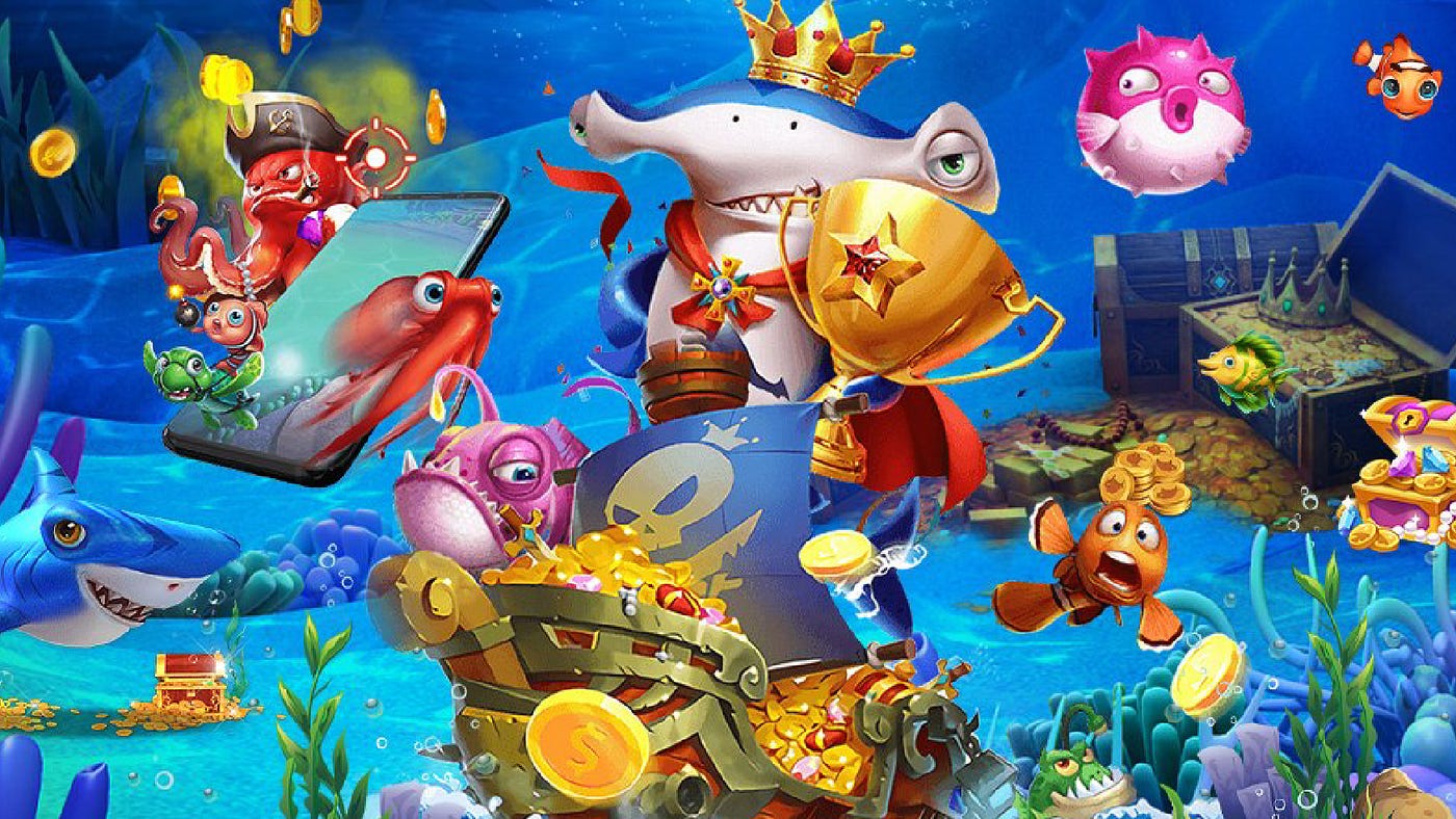 ภาพเกมยิงปลาบนหน้าจอของ p62 สำหรับเลือกเป้าหมายและกำลังยิง